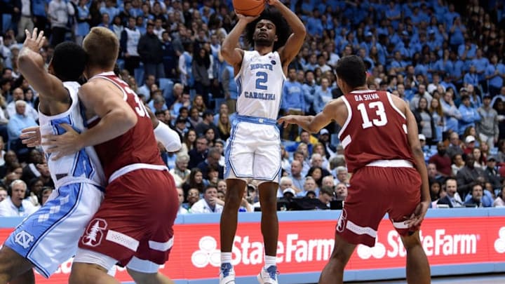 CHAPEL HILL, NORTH CAROLINA - NOVEMBER 12: Coby White #2 of the North Carolina Tar Heels shoots against against the Stanford Cardinal during the second half of their game at the Dean Smith Center on November 12, 2018 in Chapel Hill, North Carolina. North Carolina won 90-72 (Photo by Grant Halverson/Getty Images)