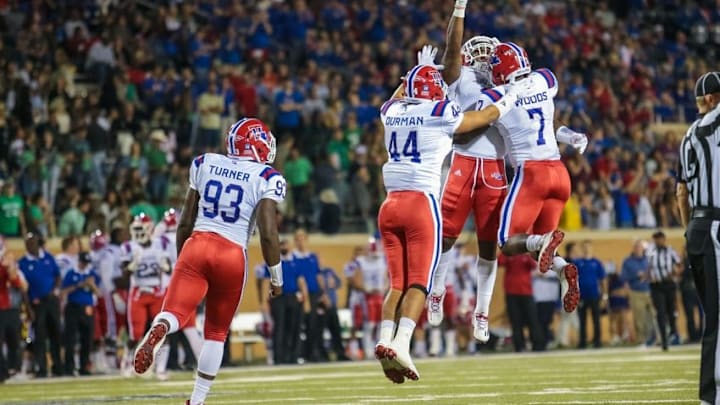 Nov 5, 2016; Denton, TX, USA; Louisiana Tech Bulldogs players celebrates after making a play against the North Texas Mean Green in the fourth quarter at Apogee Stadium. Mandatory Credit: Sean Pokorny-USA TODAY Sports