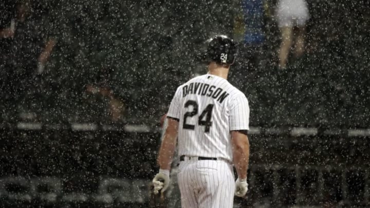 Chicago White Sox first baseman Matt Davidson (24) is at the plate when the umpires called for the tarp to cover the field during the second inning against the Detroit Tigers at Guaranteed Rate Field in Chicago on Wednesday, Sept. 5, 2018. (Nuccio DiNuzzo/Chicago Tribune/TNS via Getty Images)