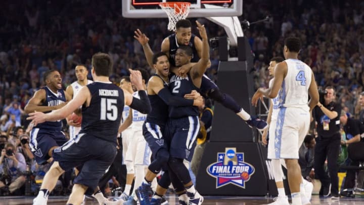 04 APR 2016: Villanova celebrates after Kris Jenkins (2) game-winning shot against the University of North Carolina during the NCAA Division I Men’s Final Four held at NRG Stadium in Houston, TX. Villanova defeated North Carolina 77-74 for the national title. Jamie Schwaberow/NCAA Photos via Getty Images