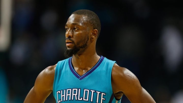 Oct 29, 2016; Charlotte, NC, USA; Charlotte Hornets guard Kemba Walker (15) stands on the court in the second half against the Boston Celtics at the Spectrum Center. The Celtics defeated the Hornets 104-98. Mandatory Credit: Jeremy Brevard-USA TODAY Sports