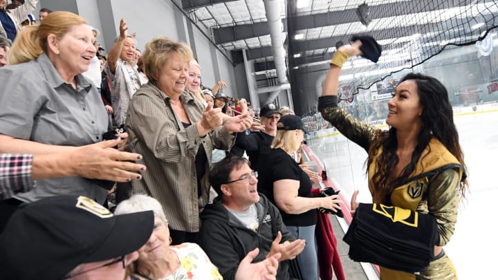 LAS VEGAS, NV – MAY 23: A member of the Vegas Golden Knights Golden Aces throws rally towels to fans before the team’s first practice since winning the Western Conference Finals at City National Arena on May 23, 2018 in Las Vegas, Nevada. The Golden Knights will play for the Stanley Cup beginning on May 28 against either the Washington Capitals or the Tampa Bay Lightning. (Photo by Ethan Miller/Getty Images)