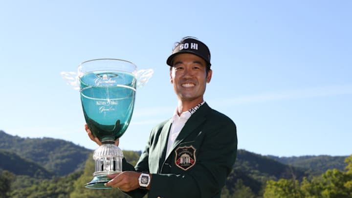 WHITE SULPHUR SPRINGS, WV - JULY 8 : Kevin Na holds the trophy after winning the tournament at A Military Tribute At The Greenbrier held at the Old White TPC course on July 8, 2018 in White Sulphur Springs, West Virginia. (Photo by Rob Carr/Getty Images)