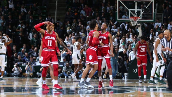 EAST LANSING, MI - FEBRUARY 02: Indiana Hoosiers celebrates 79 - 75 win against Michigan State Spartans at Breslin Center on February 2, 2019 in East Lansing, Michigan. (Photo by Rey Del Rio/Getty Images)