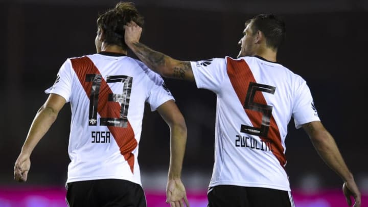 LANUS, ARGENTINA - SEPTEMBER 28: Santiago Sosa of River Plate celebrates with teammate Bruno Zuculini after the second goal of his team scored by an own goal by Matias Ibanez (not in picture) during a match between Lanus and River Plate as part of Superliga 2018/19 at Estadio Ciudad de Lanus - Nestor Diaz Perez on September 28, 2018 in Lanus, Argentina. (Photo by Marcelo Endelli/Getty Images)
