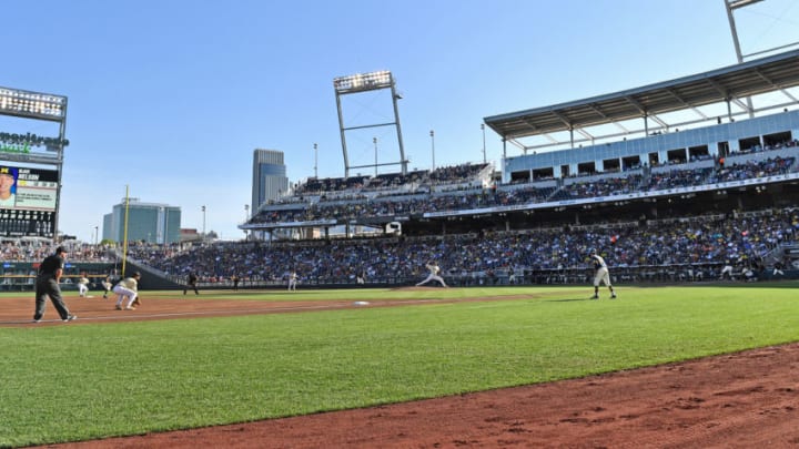 OMAHA, NE - JUNE 26: Pitcher Mason Hickman #44 of the Vanderbilt Commodores delivers a pitch in the first inning against the Michigan Wolverines during game three of the College World Series Championship Series on June 26, 2019 at TD Ameritrade Park Omaha in Omaha, Nebraska. (Photo by Peter Aiken/Getty Images)