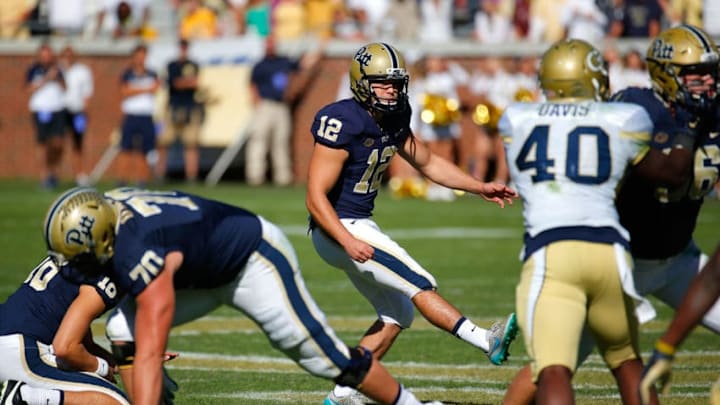 ATLANTA, GA - OCTOBER 17: Chris Blewitt #12 of the Pittsburgh Panthers kicks the go-ahead field goal in the final minutes of their 31-28 win over the Georgia Tech Yellow Jackets at Bobby Dodd Stadium on October 17, 2015 in Atlanta, Georgia. (Photo by Kevin C. Cox/Getty Images)