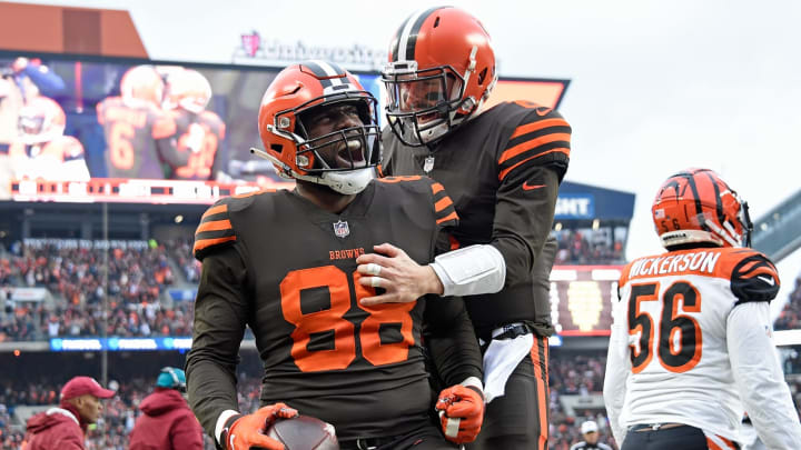 CLEVELAND, OH – DECEMBER 23: Darren Fells #88 celebrates his touchdown with Baker Mayfield #6 of the Cleveland Browns during the second quarter against the Cincinnati Bengals at FirstEnergy Stadium on December 23, 2018 in Cleveland, Ohio. (Photo by Jason Miller/Getty Images)