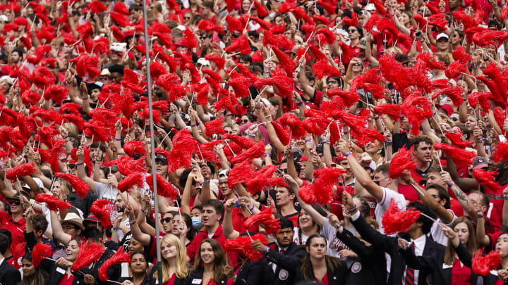 Oct 2, 2021; Athens, Georgia, USA; Georgia Bulldogs fans react after a touchdown against the Arkansas Razorbacks during the first half at Sanford Stadium. Mandatory Credit: Dale Zanine-USA TODAY Sports