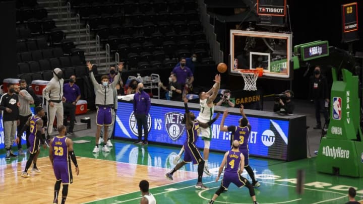 Jan 30, 2021; Boston, Massachusetts, USA; Boston Celtics center Daniel Theis (27) misses a shot at the final buzzer of the fourth quarter during BostonÕs 96-95 loss to the Los Angeles Lakers at TD Garden. Mandatory Credit: Winslow Townson-USA TODAY Sports