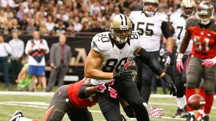 Oct 5, 2014; New Orleans, LA, USA; New Orleans Saints tight end Jimmy Graham (80) runs after a catch against the Tampa Bay Buccaneers during the third quarter of a game at Mercedes-Benz Superdome. Mandatory Credit: Derick E. Hingle-USA TODAY Sports