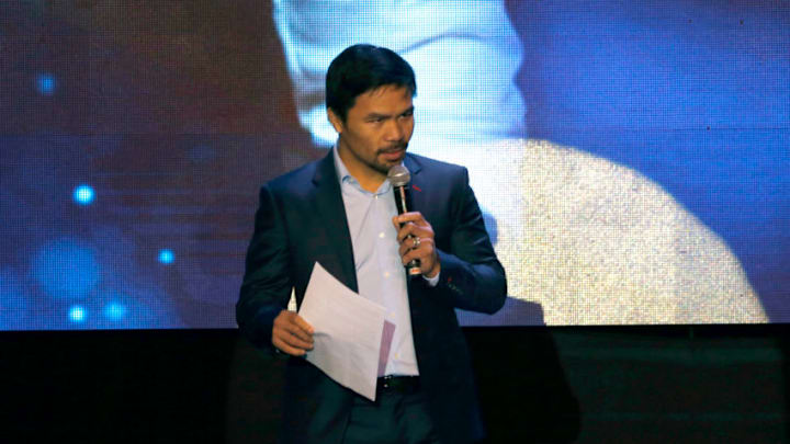 GENERAL SANTOS, PHILIPPINES - DECEMBER 17: Boxer Manny Pacquiao speaks as he celebrates his 39th birthday at KCC convention center on December 17, 2017 in General Santos, Philippines. (Photo by Jeoffrey Maitem/Getty Images)