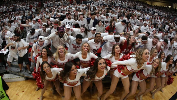 Mar 7, 2020; Lubbock, Texas, USA; Members of the Texas Tech Red Raiders student body during a timeout in the game against the Kansas Jayhawks at United Supermarkets Arena. Mandatory Credit: Michael C. Johnson-USA TODAY Sports