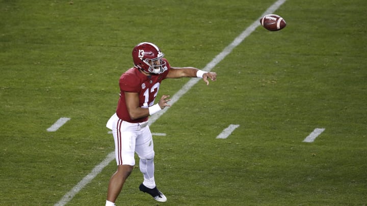 SANTA CLARA, CALIFORNIA – JANUARY 07: Tua Tagovailoa #13 of the Alabama Crimson Tide throws the ball against the Clemson Tigers during the third quarter in the College Football Playoff National Championship at Levi’s Stadium on January 07, 2019 in Santa Clara, California. (Photo by Lachlan Cunningham/Getty Images)