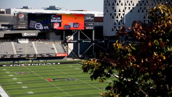 The College GameDay logo is displayed on one of the screens at Nippert Stadium. The Enquirer.