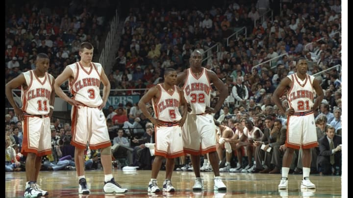 7 Mar 1997: Members on the Clemson Tigers (l- r) Guard Merle Code, forward Andreus Juruaunas, guard Terrell McIntyre, center Harold Jamison and forward Greg Buckner stand on the court during a playoff game against the Maryland Terrapins at the Greensboro