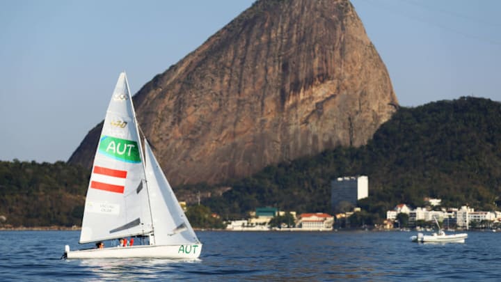 RIO DE JANEIRO, BRAZIL - AUGUST 17: Lara Vadlau of Austria and Jolanta Ogar of Austria sail in the light wind delaying the start of the Women's 470 class race on Day 12 of the Rio 2016 Olympic Games at Marina da Gloria on August 17, 2016 in Rio de Janeiro, Brazil. (Photo by Paul Gilham/Getty Images)