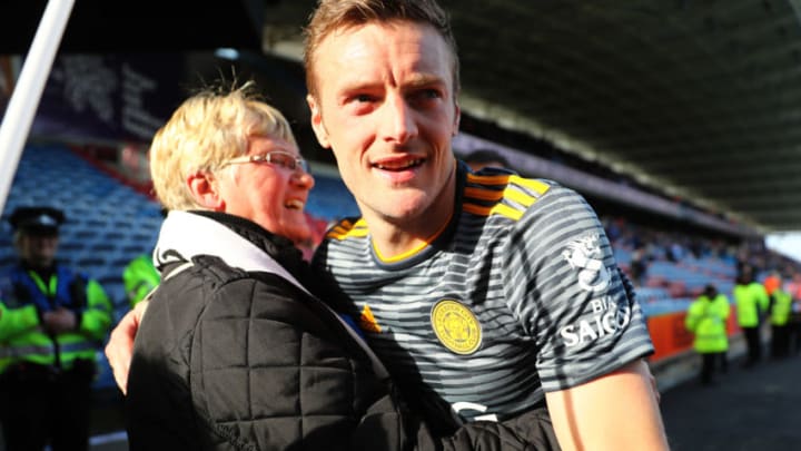 HUDDERSFIELD, ENGLAND - APRIL 06: Jamie Vardy of Leicester City celebrates victory with a fan after the Premier League match between Huddersfield Town and Leicester City at John Smith's Stadium on April 06, 2019 in Huddersfield, United Kingdom. (Photo by Matthew Lewis/Getty Images)