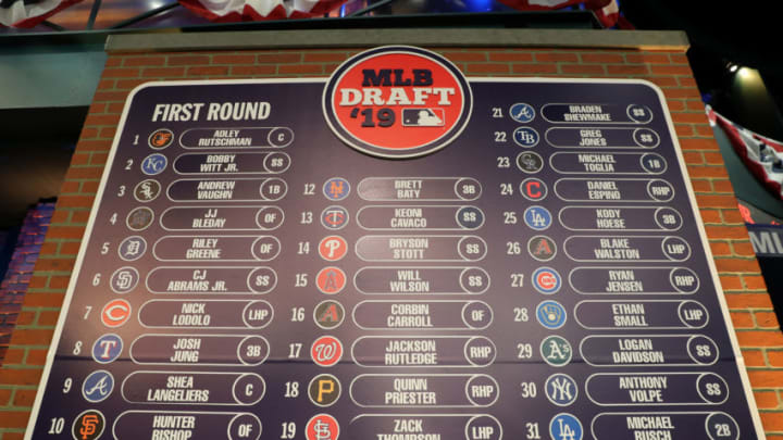 SECAUCUS, NJ - JUNE 03: A general view of the completed first round draft board during the 2019 Major League Baseball Draft at Studio 42 at the MLB Network on Monday, June 3, 2019 in Secaucus, New Jersey. (Photo by Alex Trautwig/MLB via Getty Images)