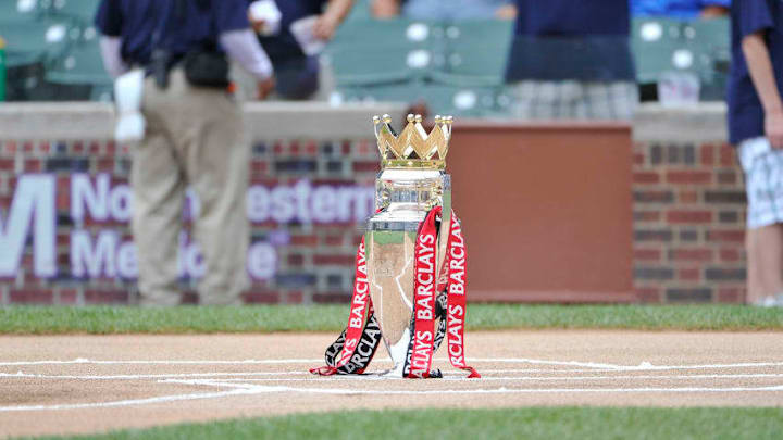 CHICAGO, IL - JULY 22: The Premier League Trophy stands on home plate before the Chicago Cubs Houston Astros game at Wrigley Field on July 22, 2011 in Chicago, Illinois. The Cubs won 4-2. (Photo by Brian D. Kersey/Getty Images)
