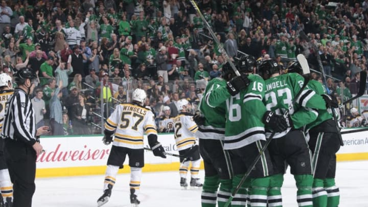 DALLAS, TX - MARCH 23: Jason Dickinson #16, Esa Lindell #23 and the Dallas Stars celebrate a goal against the Boston Bruins at the American Airlines Center on March 23, 2018 in Dallas, Texas. (Photo by Glenn James/NHLI via Getty Images) *** Local Caption *** Jason Dickinson;Esa Lindell