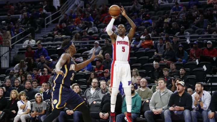 Dec 17, 2016; Auburn Hills, MI, USA; Detroit Pistons guard Kentavious Caldwell-Pope (5) takes a shot over Indiana Pacers center Myles Turner (33) during the third quarter at The Palace of Auburn Hills. The Pacers won 105-90. Mandatory Credit: Raj Mehta-USA TODAY Sports