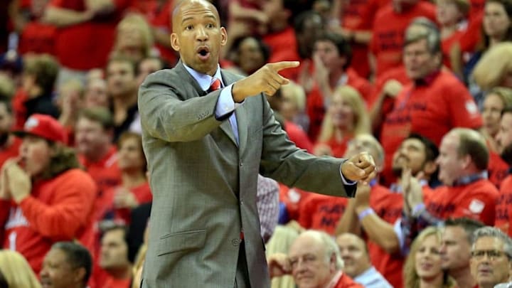 Apr 23, 2015; New Orleans, LA, USA; New Orleans Pelicans head coach Monty Williams reacts against the Golden State Warriors during the second half in game three of the first round of the NBA Playoffs at the Smoothie King Center. Mandatory Credit: Derick E. Hingle-USA TODAY Sports