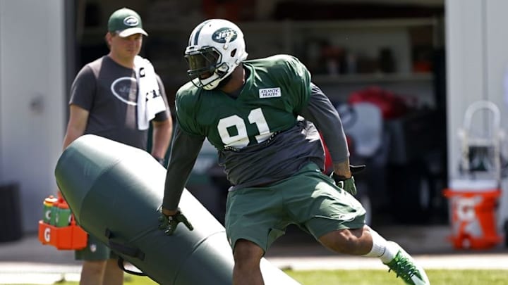 Aug 4, 2016; Florham Park, NJ, USA; New York Jets defensive end Sheldon Richardson (91) during practice at Atlantic Health Jets Training Center. Mandatory Credit: Noah K. Murray-USA TODAY Sports