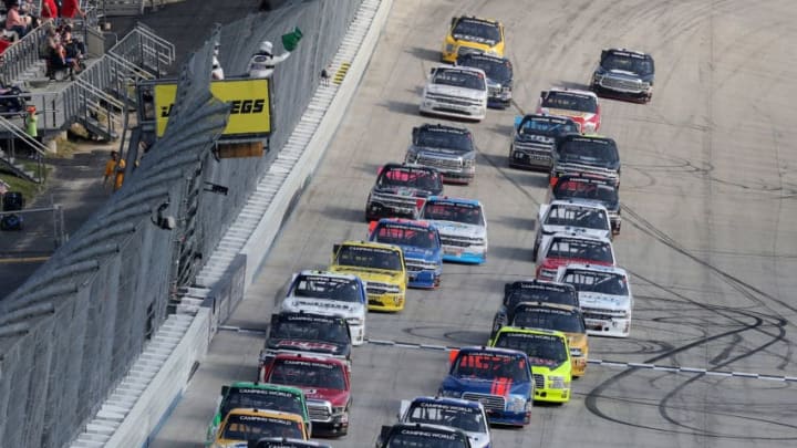 DOVER, DE - MAY 04: Noah Gragson, driver of the #18 Safelite Toyota, leads a pack of trucks during the NASCAR Camping World Truck Series JEGS 200 at Dover International Speedway on May 4, 2018 in Dover, Delaware. (Photo by Jerry Markland/Getty Images)