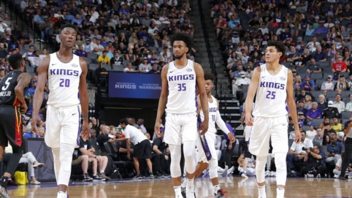 SACRAMENTO, CA - JULY 5: Justin Jackson #25, Harry Giles #20 and Marvin Bagley III #35 of the Sacramento Kings look on during the game against the Miami Heat during the 2018 Summer League at the Golden 1 Center on July 5, 2018 in Sacramento, California. NOTE TO USER: User expressly acknowledges and agrees that, by downloading and or using this photograph, User is consenting to the terms and conditions of the Getty Images License Agreement. Mandatory Copyright Notice: Copyright 2018 NBAE (Photo by Rocky Widner/NBAE via Getty Images)
