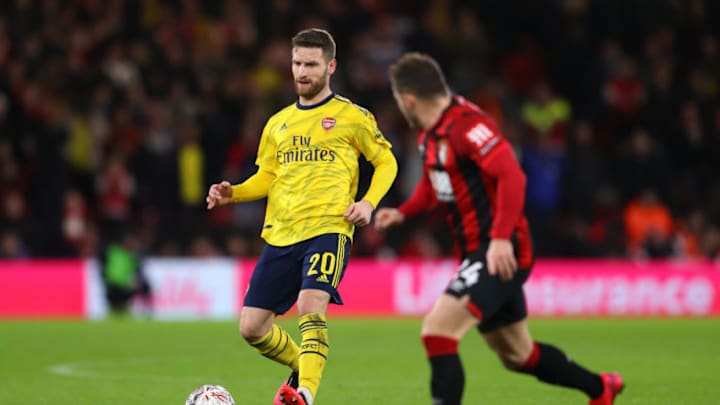 BOURNEMOUTH, ENGLAND - JANUARY 27: Shkodran Mustafi of Arsenal runs with the ball during the FA Cup Fourth Round match between AFC Bournemouth and Arsenal at Vitality Stadium on January 27, 2020 in Bournemouth, England. (Photo by Warren Little/Getty Images)