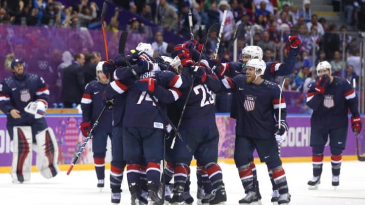 2014 WINTER OLYMPIC GAMES -- 'Men's Ice Hockey Preliminary Round: USA v. Russia' -- Pictured: Team U.S.A. during the Men's Ice Hockey Preliminary Round on February 15, 2014 during the XXII Olympic Winter Games in Sochi, Russia -- (Photo by: Paul Drinkwater/NBC/NBCU Photo Bank via Getty Images)