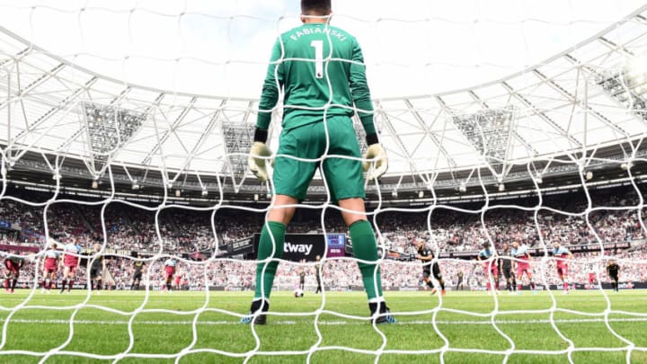 LONDON, ENGLAND - AUGUST 10: Lukasz Fabianski of West Ham United looks on as Sergio Aguero of Manchester City takes a penalty kick during the Premier League match between West Ham United and Manchester City at London Stadium on August 10, 2019 in London, United Kingdom. (Photo by Laurence Griffiths/Getty Images)