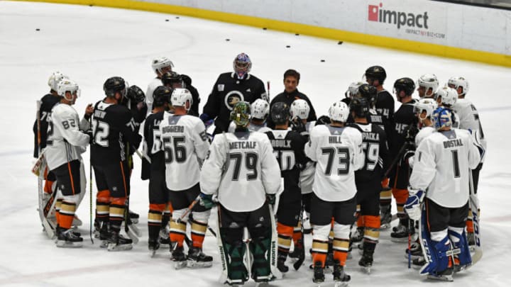 IRVINE, CA - JUNE 29: Anaheim Ducks players listen to Head Coach Dallas Eakins during an Anaheim Ducks Development Camp held on June 29, 2019 at FivePoint Arena at the Great Park Ice in Irvine, CA. (Photo by John Cordes/Icon Sportswire via Getty Images)