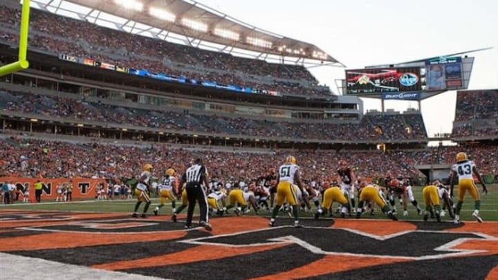 Aug 23, 2012; Cincinnati, OH, USA; The Cincinnati Bengals line up inside the five yard line to eventually be stopped on third down by the Green Bay Packers during the first quarter of the pre-season game at Paul Brown Stadium. Mandatory Credit: Rob Leifheit-USA TODAY Sports