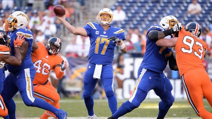 Oct 13, 2016; San Diego, CA, USA; San Diego Chargers quarterback Philip Rivers (17) throws a pass during the first quarter of the game against the Denver Broncos at Qualcomm Stadium. Mandatory Credit: Orlando Ramirez-USA TODAY Sports