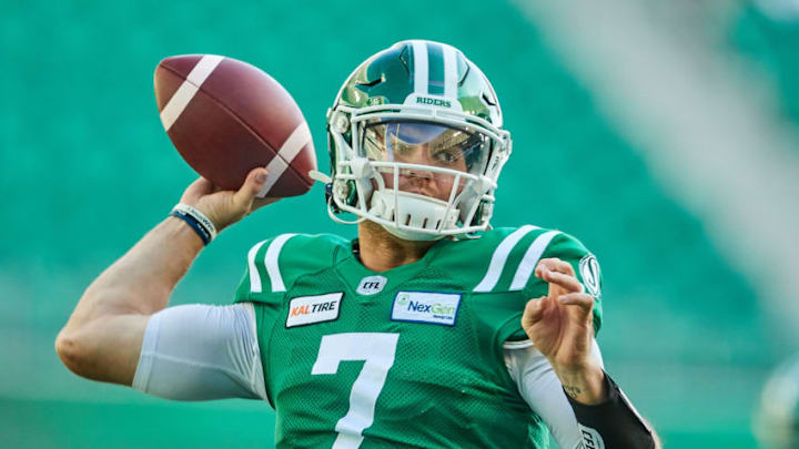 REGINA, SK - SEPTEMBER 14: Cody Fajardo #7 of the Saskatchewan Roughriders throws a pass during pregame warmup for the game between the Montreal Alouettes and the Saskatchewan Roughriders at Mosaic Stadium on September 14, 2019 in Regina, Canada. (Photo by Brent Just/Getty Images)