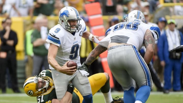 Sep 25, 2016; Green Bay, WI, USA; Detroit Lions quarterback Matthew Stafford (9) is sacked by Green Bay Packers linebacker Kyler Fackrell (51) in the fourth quarter at Lambeau Field. Mandatory Credit: Benny Sieu-USA TODAY Sports