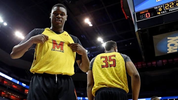 Mar 23, 2016; Louisville, KY, USA; Maryland Terrapins center Diamond Stone (33) during practice the day before the semifinals of the South regional of the NCAA Tournament at KFC YUM!. Mandatory Credit: Peter Casey-USA TODAY Sports