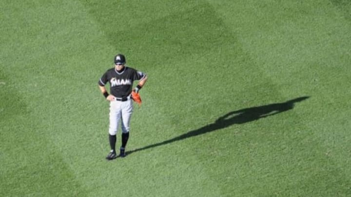 Sep 19, 2015; Washington, DC, USA; Miami Marlins right fielder Ichiro Suzuki (51) in right field during the fourth inning against the Washington Nationals at Nationals Park. Mandatory Credit: Brad Mills-USA TODAY Sports