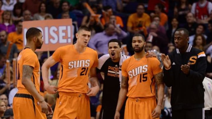 Mar 27, 2015; Phoenix, AZ, USA; Phoenix Suns players look on during a timeout against the Portland Trail Blazers at US Airways Center. The Trail Blazers won the game 87-81. Mandatory Credit: Joe Camporeale-USA TODAY Sports