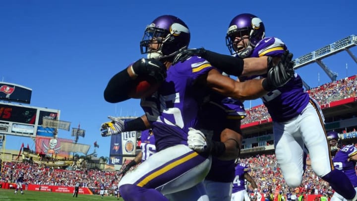 Oct 26, 2014; Tampa, FL, USA; Minnesota Vikings outside linebacker Anthony Barr (55) celebrates with free safety Harrison Smith (22) after a 27-yard fumble recovery for a touchdown to win the game as the Vikings beat the Tampa Bay Buccaneers 19-13 in overtime at Raymond James Stadium. Mandatory Credit: David Manning-USA TODAY Sports