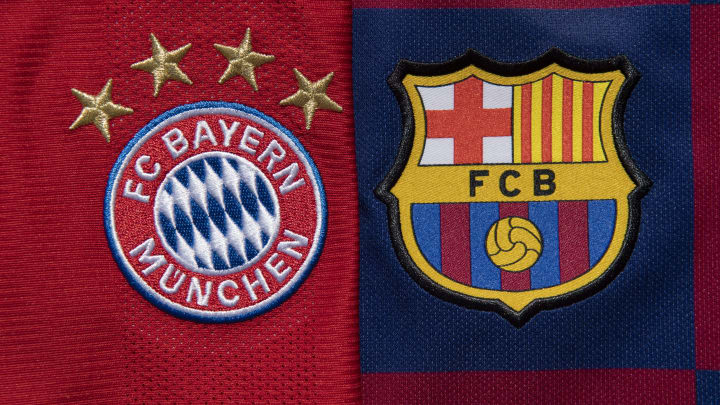 FC Bayern Munich and FC Barcelona club crests (Photo by Visionhaus)