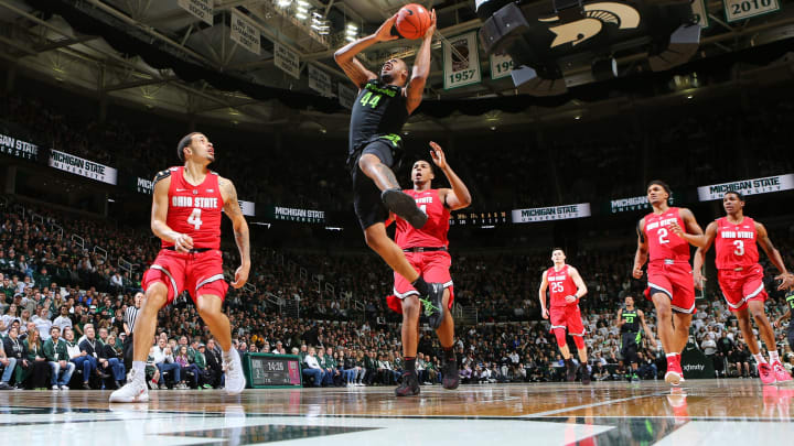 EAST LANSING, MI – FEBRUARY 17: Nick Ward #44 of the Michigan State Spartans shoots the ball and draws a foul from Kaleb Wesson #34 of the Ohio State Buckeyes in the first half at Breslin Center on February 17, 2019 in East Lansing, Michigan. (Photo by Rey Del Rio/Getty Images)