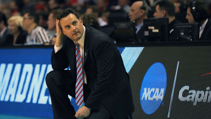 SAN JOSE, CA - MARCH 23: Head coach Sean Miller of the Arizona Wildcats reacts against the Xavier Musketeers during the 2017 NCAA Men's Basketball Tournament West Regional at SAP Center on March 23, 2017 in San Jose, California. (Photo by Sean M. Haffey/Getty Images)