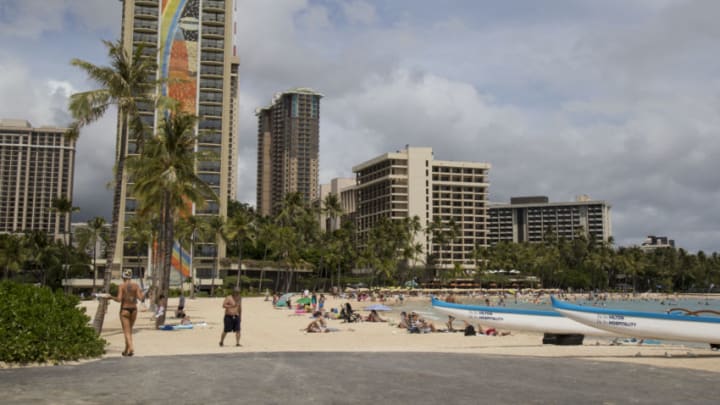 HONOLULU, HI - AUGUST 22: With more than 270,000 visitors in Hawaii and the majority on Oahu, the tourists enjoy a gorgeous day at the beach unperturbed by Hurricane Lane's expected landfall in Waikiki in just two days as seen from the Hilton Hawaiian Village Resort's Lagoon & Beach on Wednesday, August 22, 2018 in Honolulu, Hawaii. Hurricane Lane is a high-end Category 4 hurricane and remains a threat to the entire island chain. (Photo by Kat Wade/Getty Images)