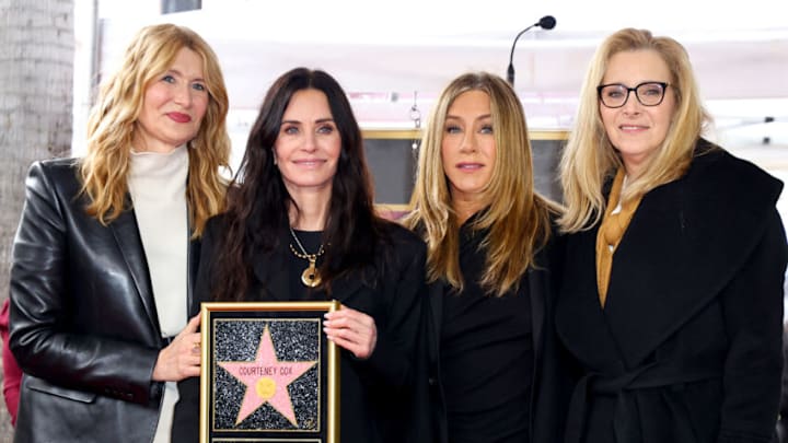 HOLLYWOOD, CALIFORNIA - FEBRUARY 27: (L-R) Laura Dern, Courteney Cox, Jennifer Aniston and Lisa Kudrow attend the Hollywood Walk of Fame Star Ceremony for Courteney Cox on February 27, 2023 in Hollywood, California. (Photo by Leon Bennett/Getty Images)