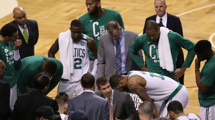 BOSTON, MA - MAY 27: Boston Celtics head coach Brad Stevens during a time out during the third quarter. The Boston Celtics hosted the Cleveland Cavaliers for Game Seven of their NBA Eastern Conference Finals playoff series at TD Garden in Boston on May 27, 2018. (Photo by Matthew J. Lee/The Boston Globe via Getty Images)