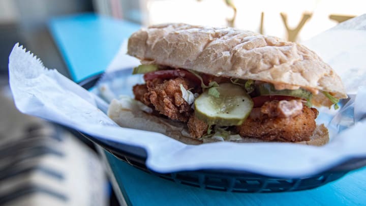 The fried shrimp po-boy sandwich at Parish Grocery in Memphis, Tenn., on Thursday, April 16, 2020.Parish Grocery Opens In The Midst Of Covid 19 Pandemic