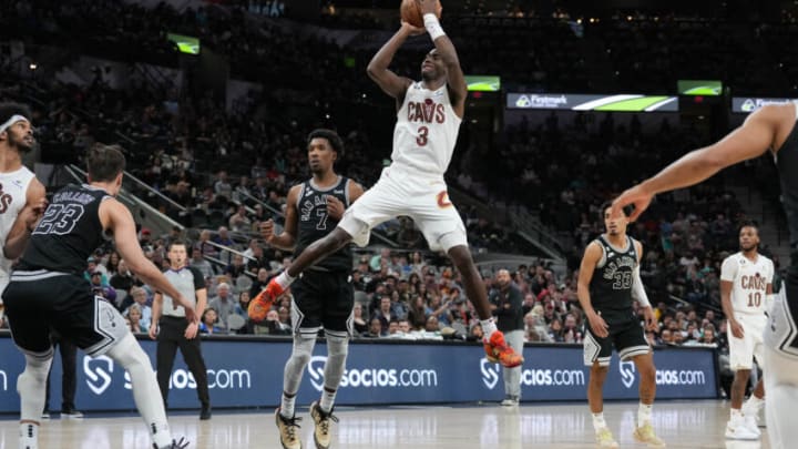 Dec 12, 2022; San Antonio, Texas, USA; Cleveland Cavaliers guard Caris LeVert (3) shoots in the second half against the San Antonio Spurs at the AT&T Center. Mandatory Credit: Daniel Dunn-USA TODAY Sports